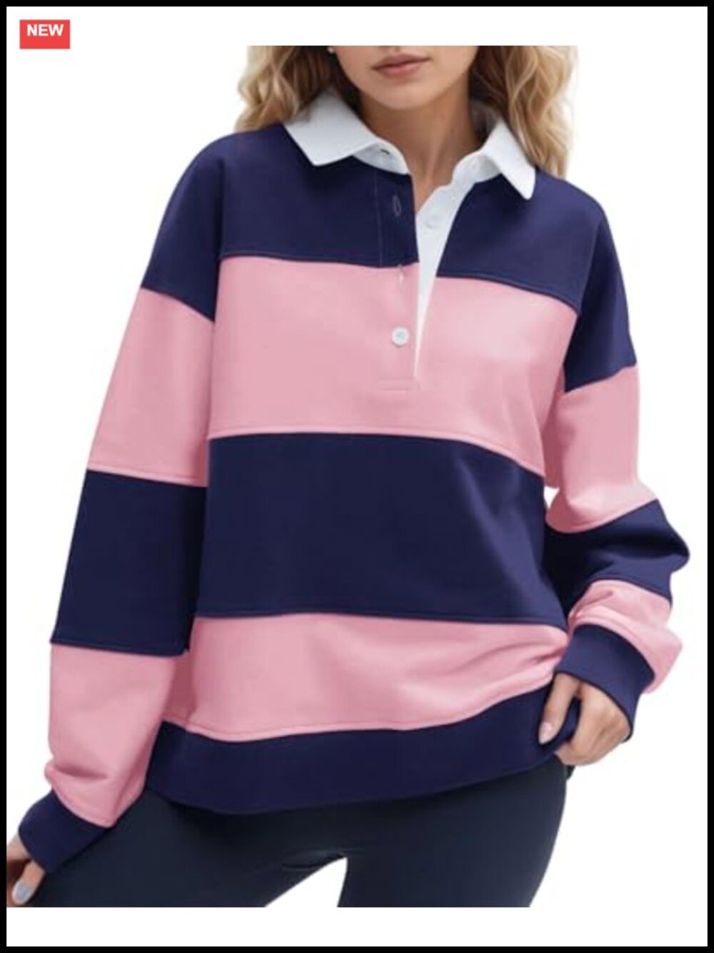 Women Striped Color Block Polo Rugby Sweatshirt Oversized Long Sleeve Lapel